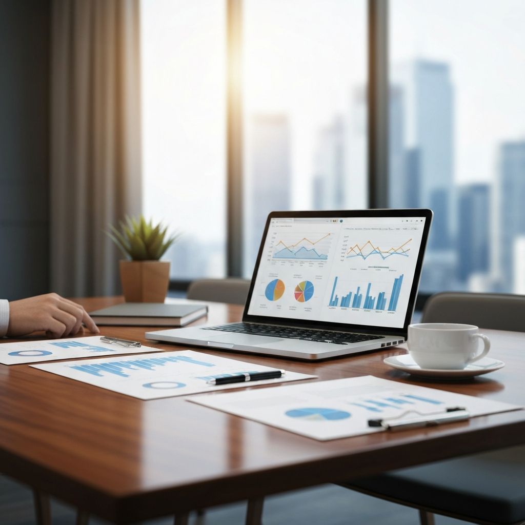 Professional consulting workspace with financial documents and charts
